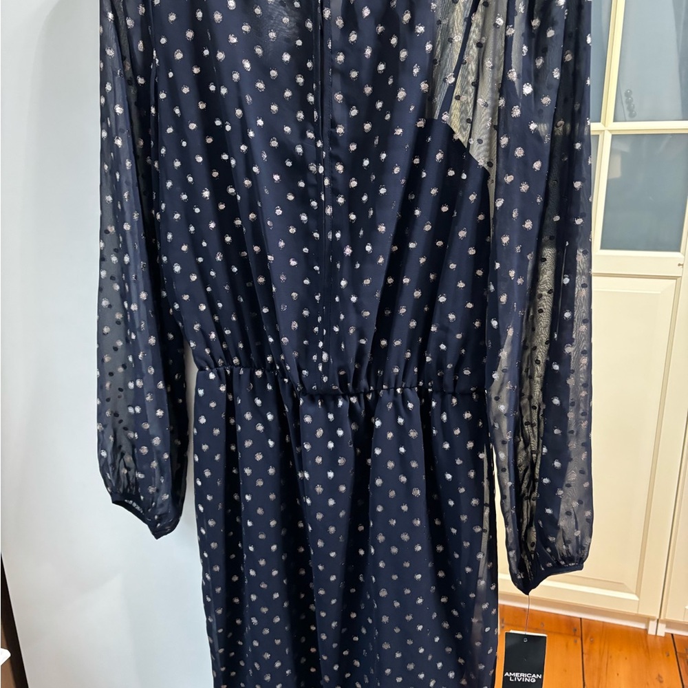 American Living Navy Long Sleeve Dress with Polka Dots